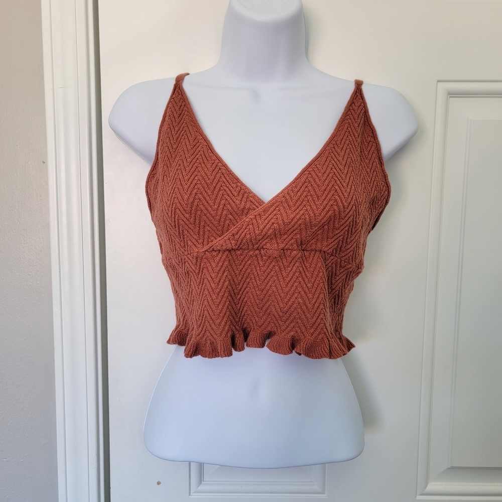 Free People Sleeveless Crochet Crop Top Rust Orange Ruffled Hem V Neck Size M